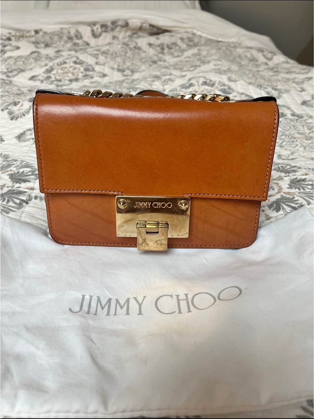 Jimmy Choo Cognac Leather Crossbody with Gold Hardware